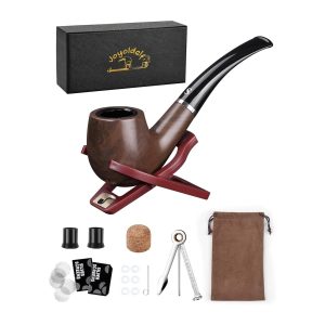 Joyoldelf Tobacco Pipe Set, Short Handle Curved Smoking Pipe with Foldable Pipe Stand Holder, Pipe Starter Kit for Beginner with Gift Box and Accessories