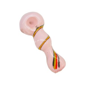Pink Glass Hand Pipe With Rasta Linework Twirl And Flat Mouthpiece