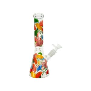 Clear Beaker Glass Bong With Flowers 10 Inch