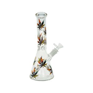 Clear Beaker Glass Bong With Multi Color Leaves 10 Inch