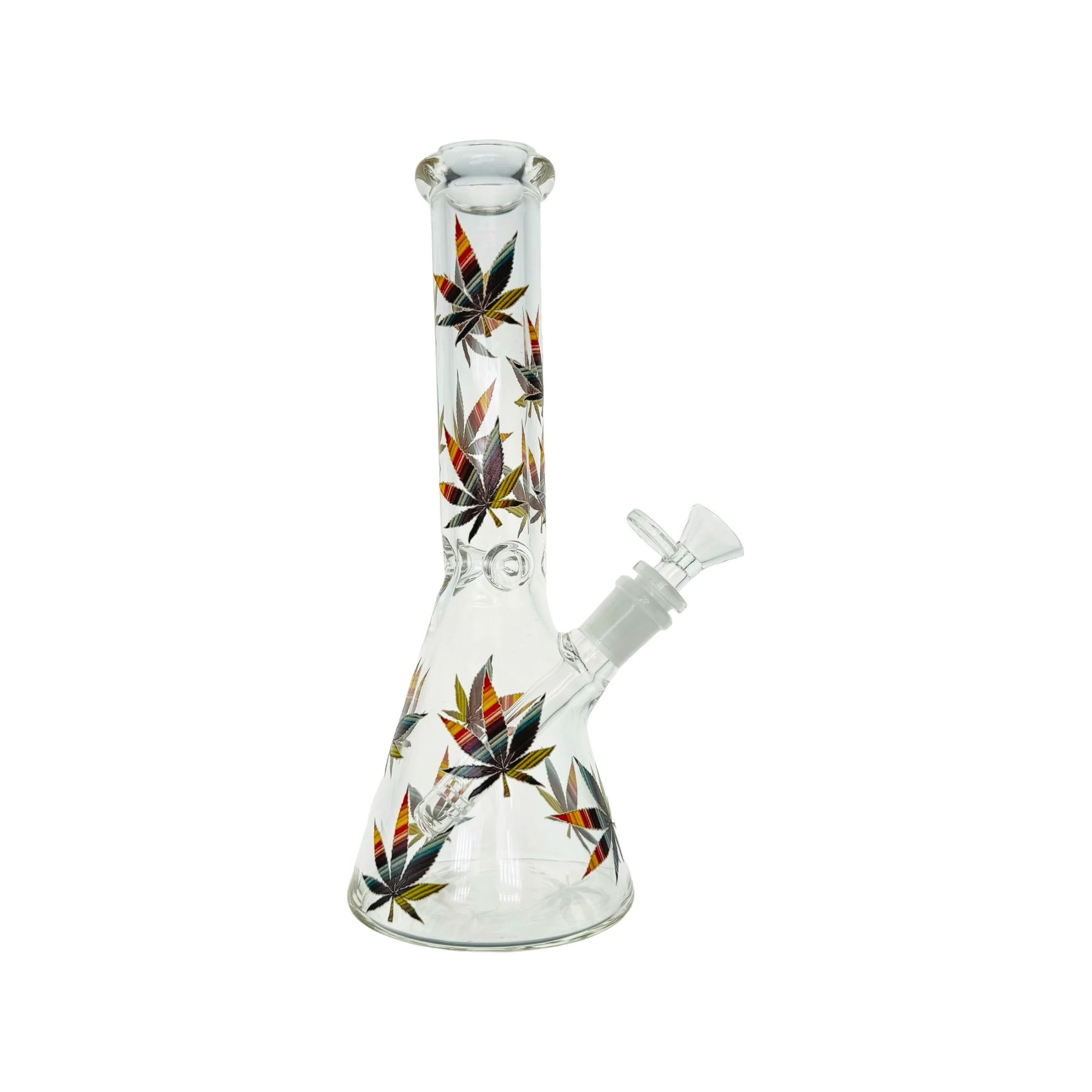 Clear Beaker Glass Bong With Multi Color Leaves 10 Inch