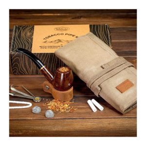 DiffLite's Tobacco Pipe with Waxed Canvas Pipe Roll, Handmade Wood Smoking Pipe with Ultimate Beginner Guide E-Book, Travel Tobacco Pouch - Smoking Gift Set and Accessories
