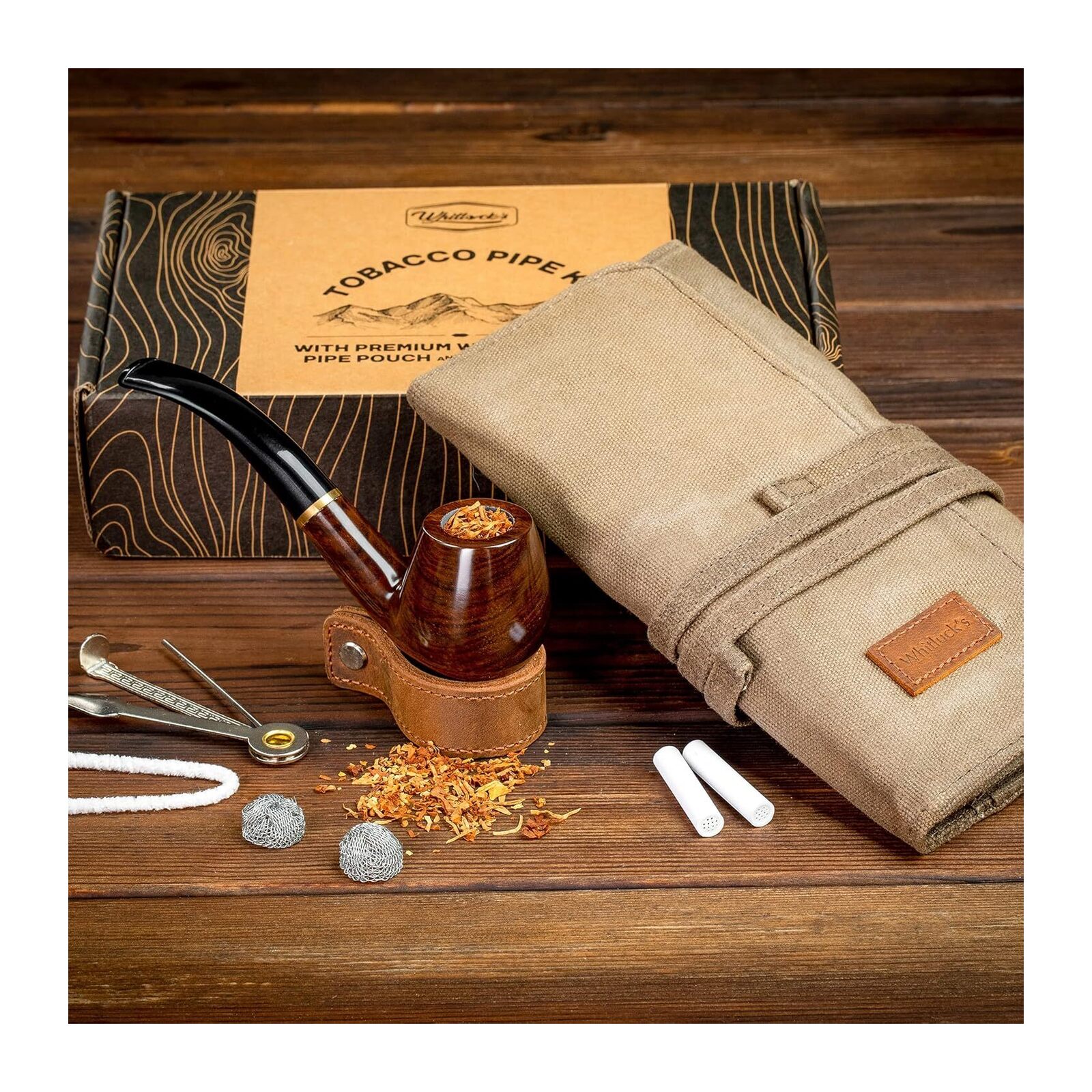 DiffLite's Tobacco Pipe with Waxed Canvas Pipe Roll, Handmade Wood Smoking Pipe with Ultimate Beginner Guide E-Book, Travel Tobacco Pouch - Smoking Gift Set and Accessories