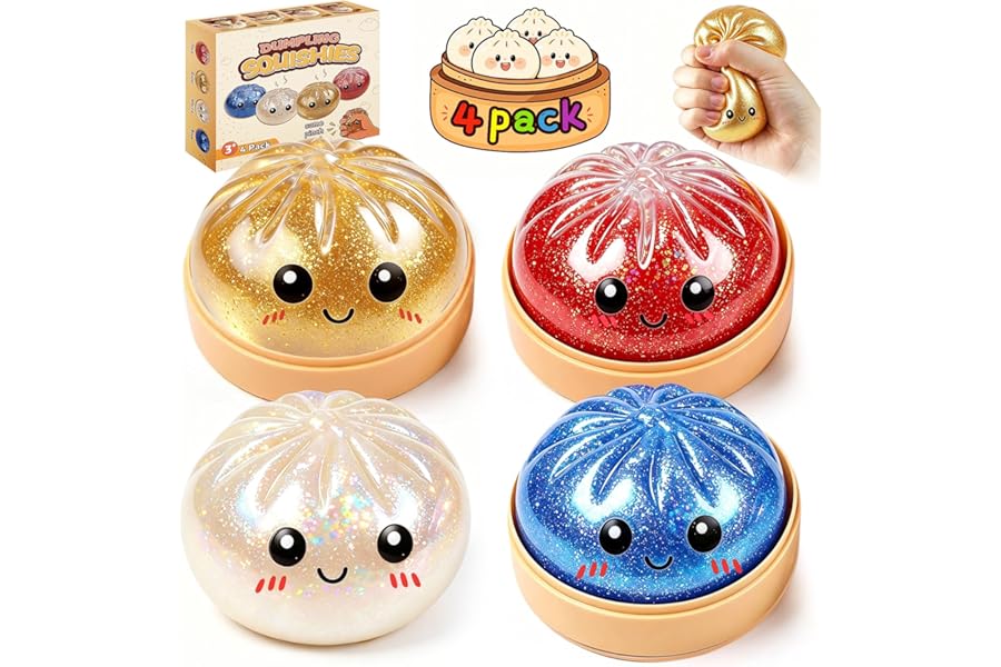 Dumpling Squishy 4 Pack, Dumpling Squishies Fidget Sensory Toys, Colorful Dumplings Stress Balls for Anxiety Relief, Bao Bun Squishy for Kids Adults Presents