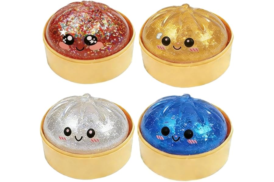 2026 New Shimmering Dumpling Squishies, Dumpling Squishy, Colorful Dumplings Stress Balls Fidget Sensory, Squeeze Dough Ball Stress Relief Hand with Food Steamer Stretchy Desk (4PCS)