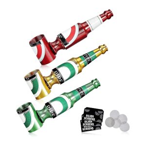 Joyoldelf 3pcs Mini Tobacco Pipe - Beer Bottle Smoking Pipe with Multi-Color (Red, Green, Gold), Portable Tobacco Pipe for Smoking with Random Pattern, Pipe Starter Kit for Beginners with Mesh Screen