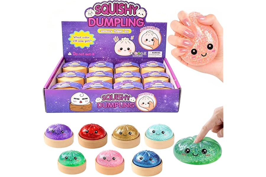 12PCS Glitter Dumpling Squishy, Mini Real Bun Dumplings Stress Relief Set Pack Box, Crazy Fun Balls Toys Fidget Cute Sensory for Anxiety Relief Toy Hand Relax, Birthday Gifts (Smiling)