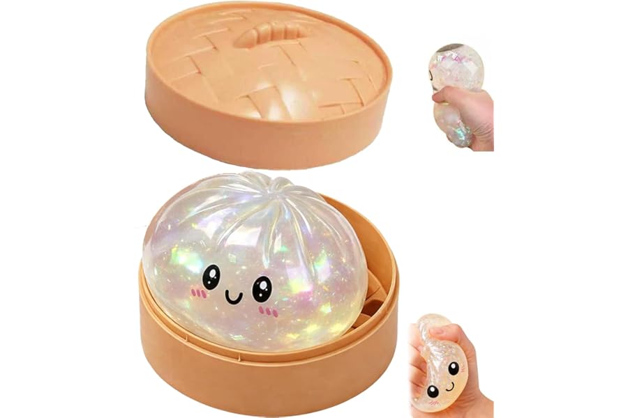 Dumpling Squishes Stress Balls with Steamer, Cute Anxiety Relief Toy, Soft Squeeze Decompression Dough for Adults, Simulation Food Squishies Bun (White) (White)