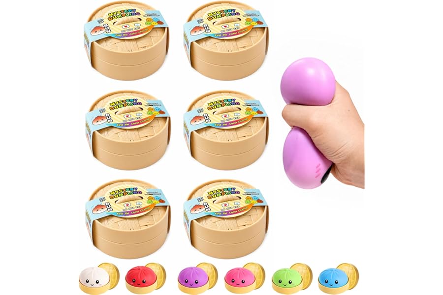 6PCS Dumpling Squeeze Toys, Fidget Dumplings Mystery Box, Soft Sensory Dumpling Stress Balls, Stretchable Desk Toys with Steamer Basket for Kids Adults
