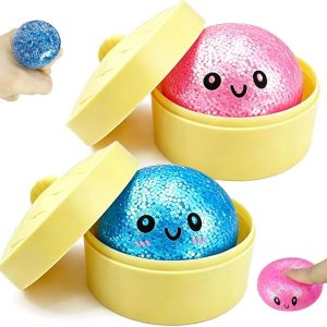 2PCS Mini Glitter Dumpling Squishy, 2026 Upgrade Dumling Mystery Box, Colorful Dumplings Stress Balls Fidget Sensory, Fidget Squeeze Toy for Holiday & Birthday Gifts (Blue+Pink)