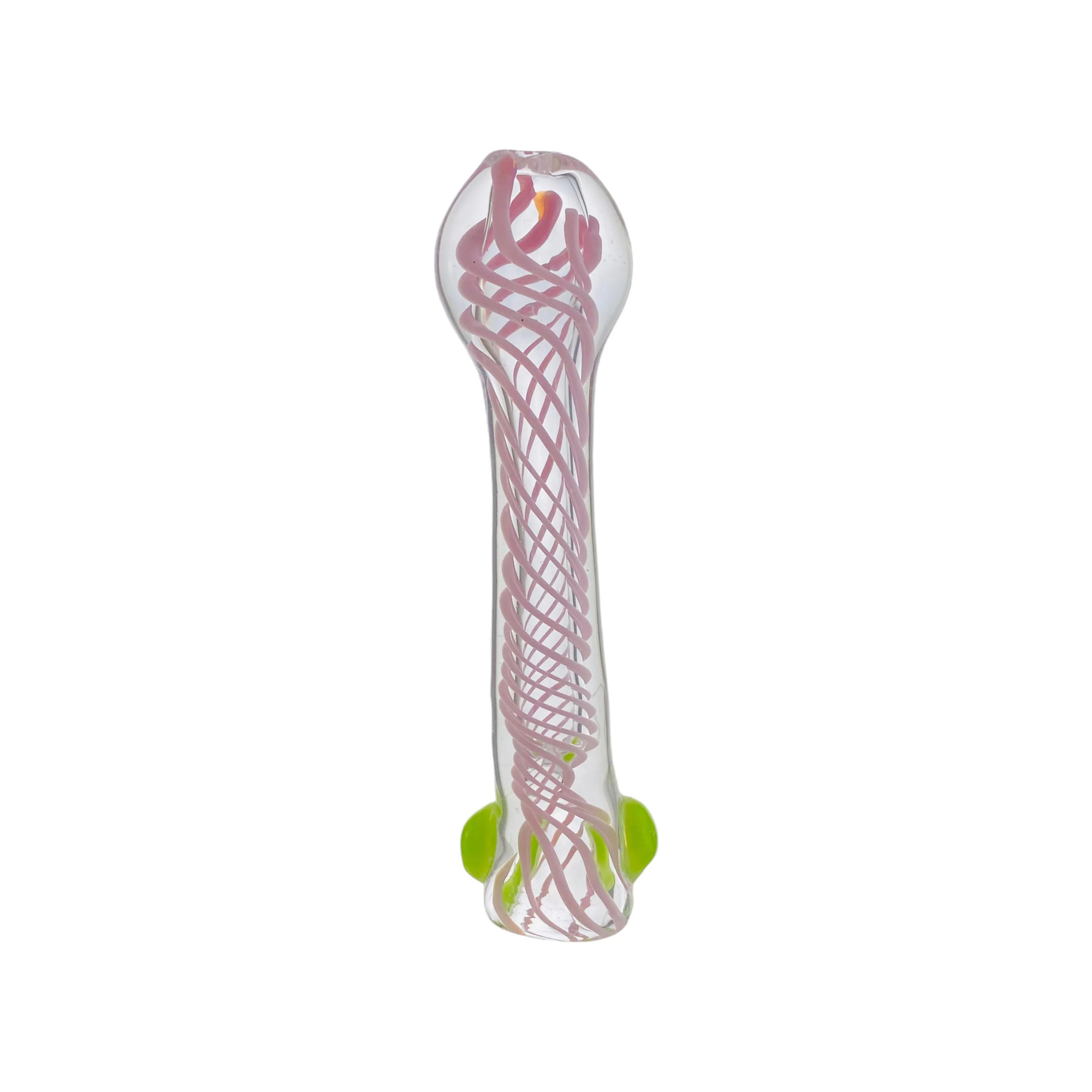 Glass Chillum Pipe - Pink Spiral With Green Dots