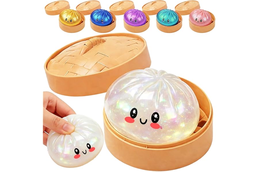 Dumpling Squeeze Toys, Glitter Dumpling Squeeze Toy with Box, Sensory Stress Relief Fidget Toy for Kids & Adults, Calming Squeeze Toy for Autism ADHD (Glitter Clear)