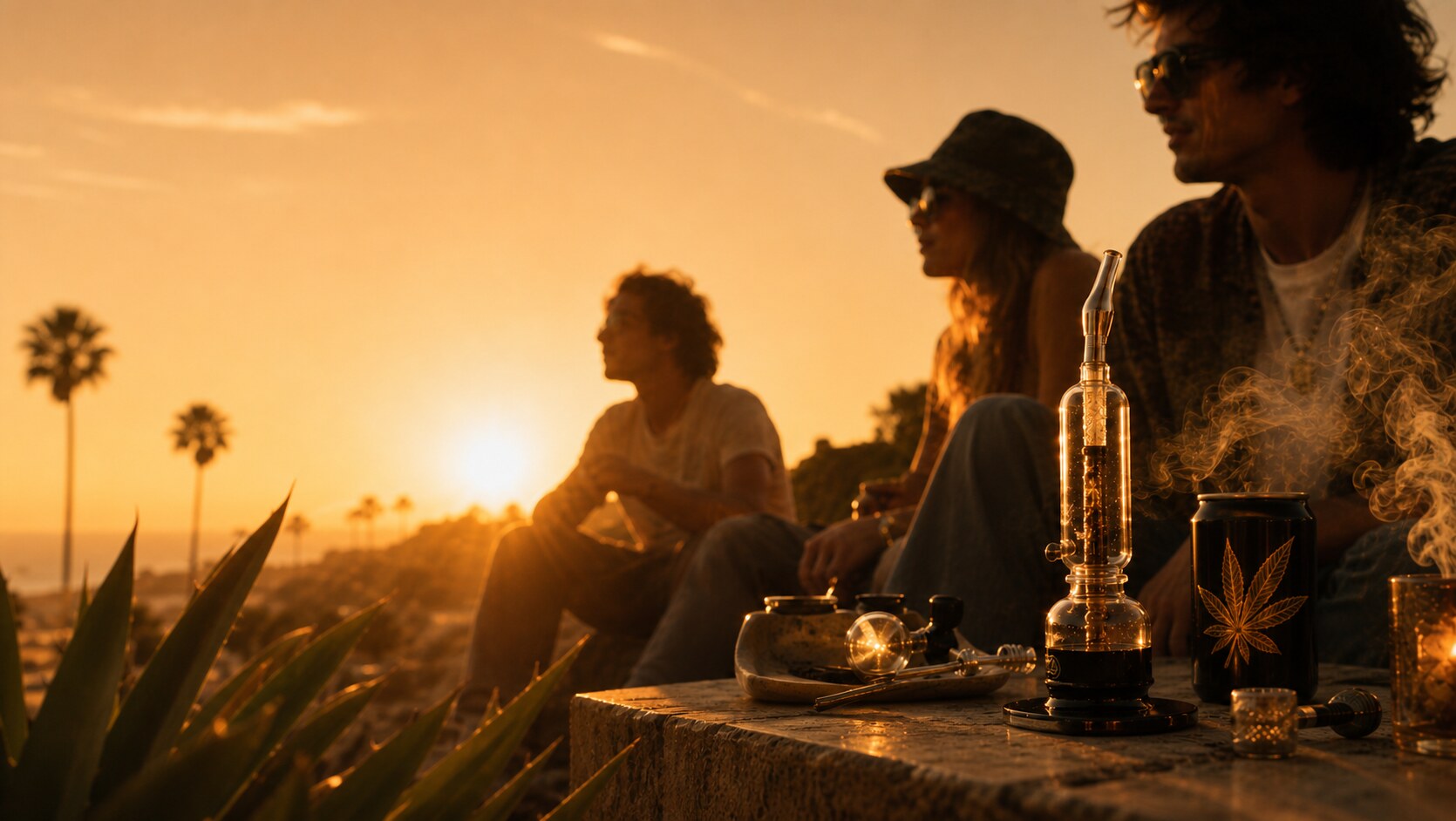 Friends relaxing together at sunset